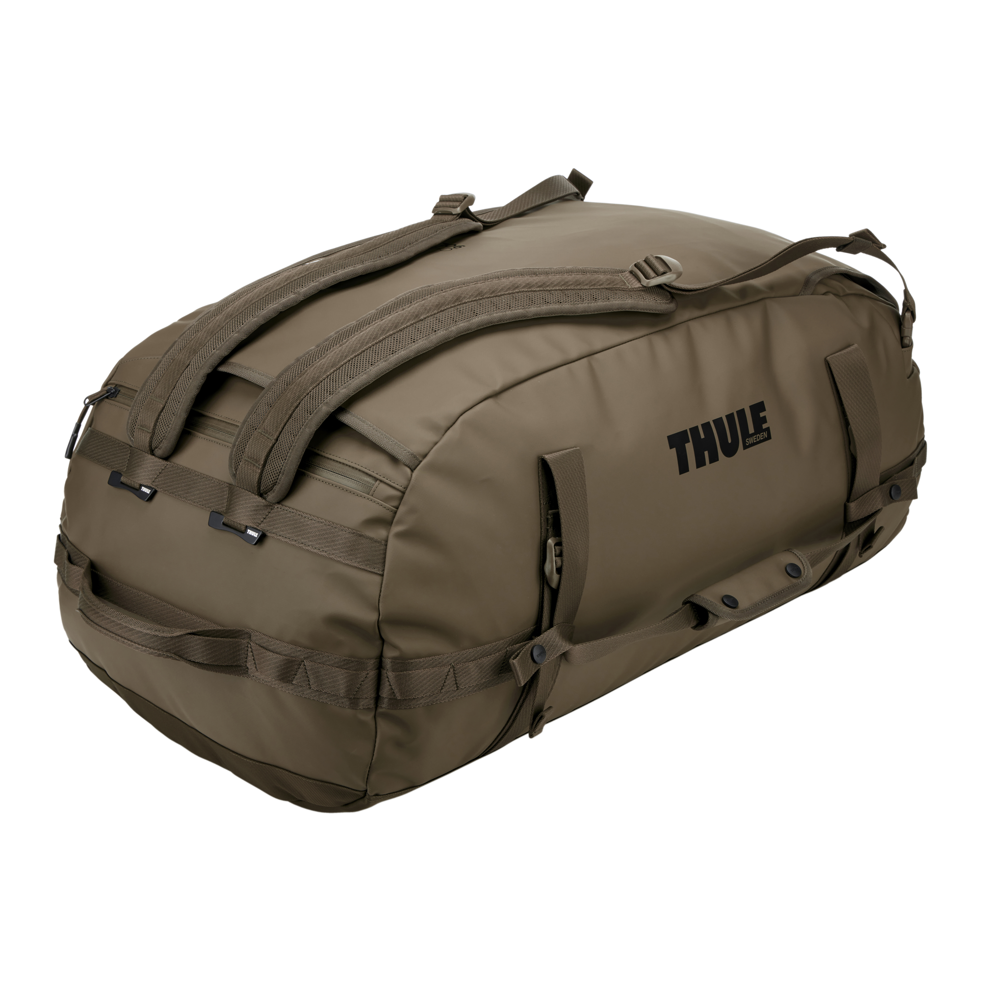 Thule Chasm 90L Duffel in Deep Khaki — angle view 2 # color_Deep Khaki