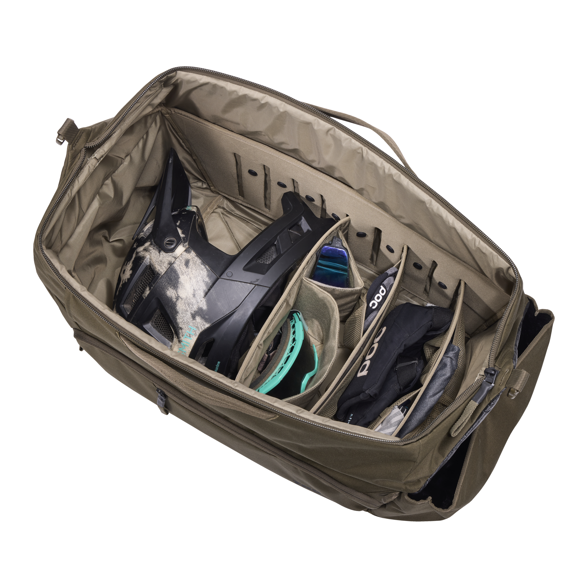 Thule Roundtrip MTB Duffel 70L in Deep Khaki — interior view # color_Deep Khaki
