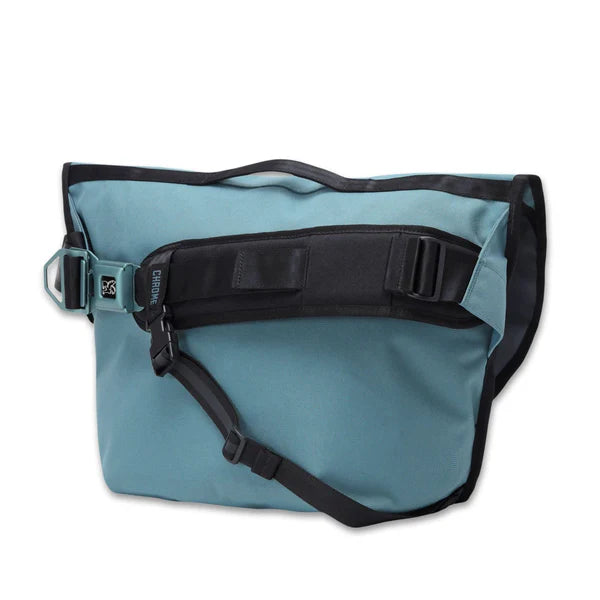 Teal blue Chrome Citizen 15L messenger bag, front view, flap closed
