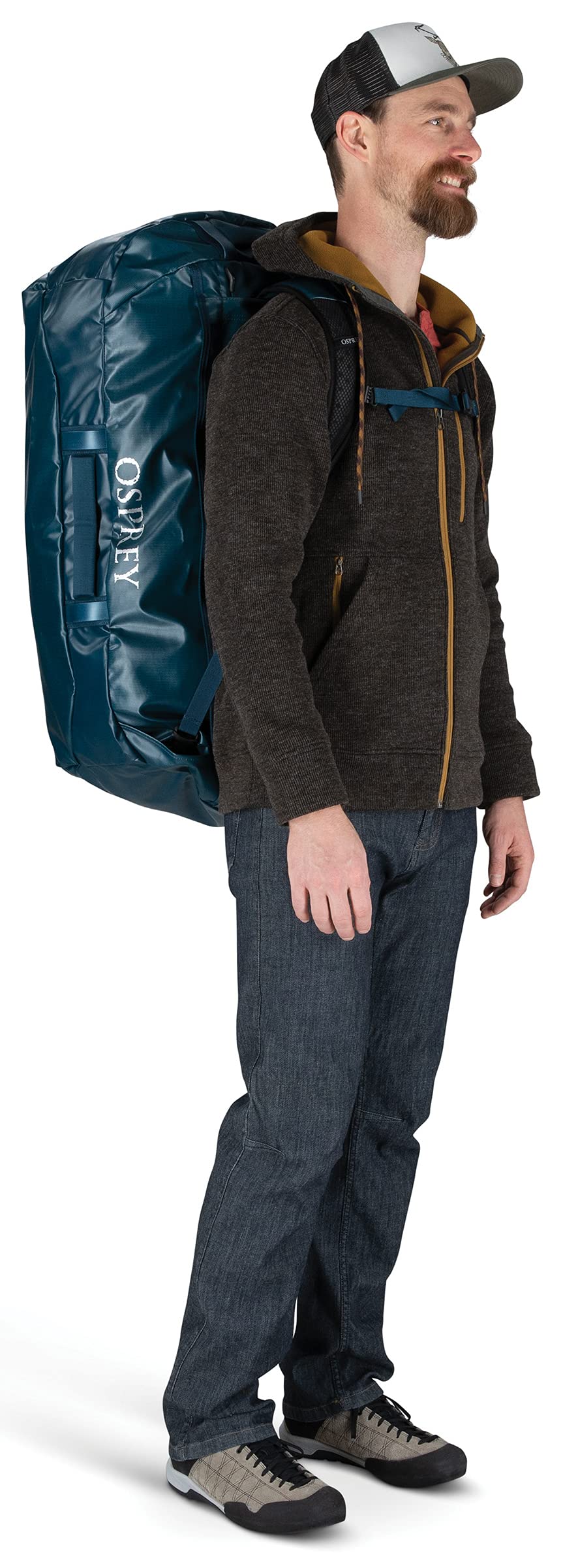 Osprey Transporter 120L Expedition Duffel Bag in Venturi Blue — carried as a backpack, side view