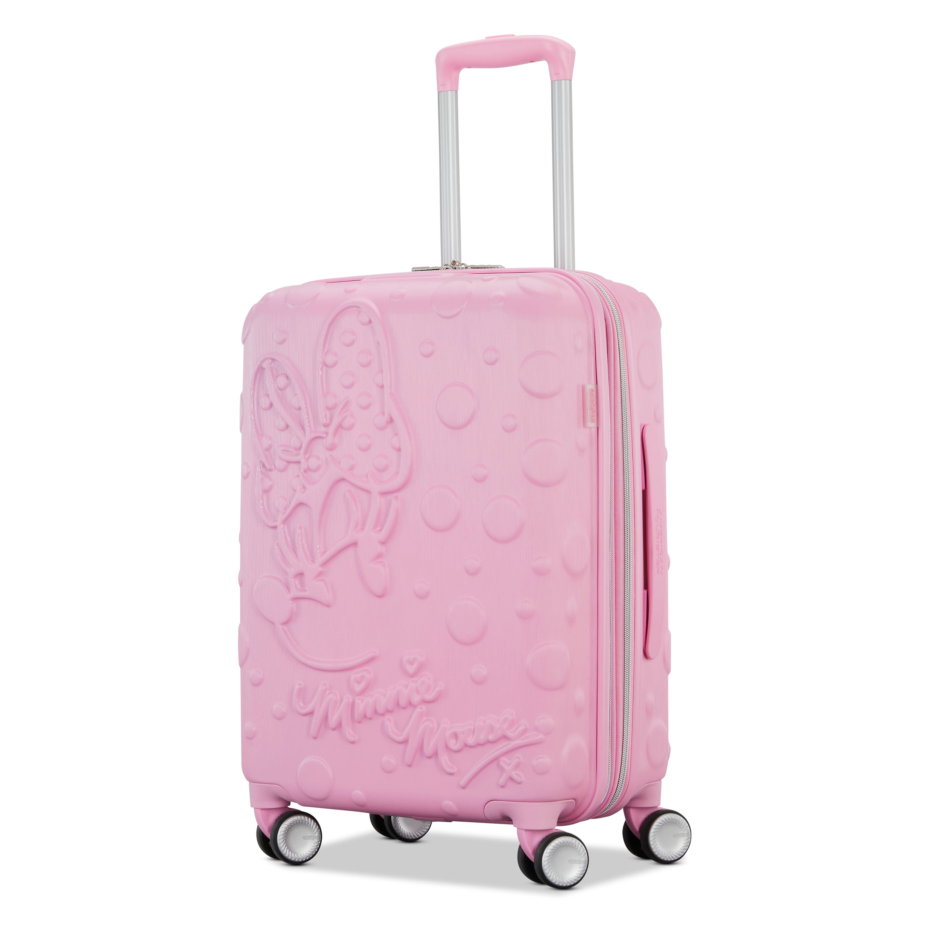 American Tourister Disney Minnie Mouse Molded Hardside Carry-On Spinner Luggage – pink, three-quarter view