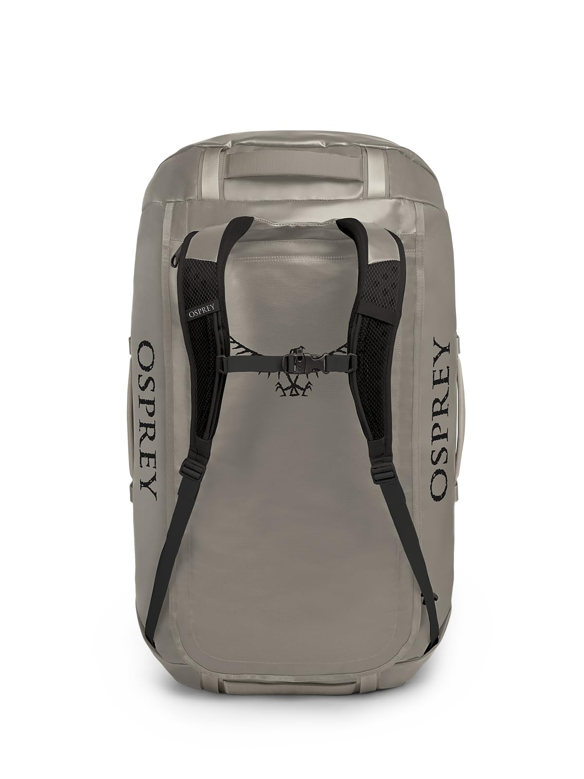 Osprey Transporter 120L Expedition Duffel Bag in Tan Concrete — back view with harness