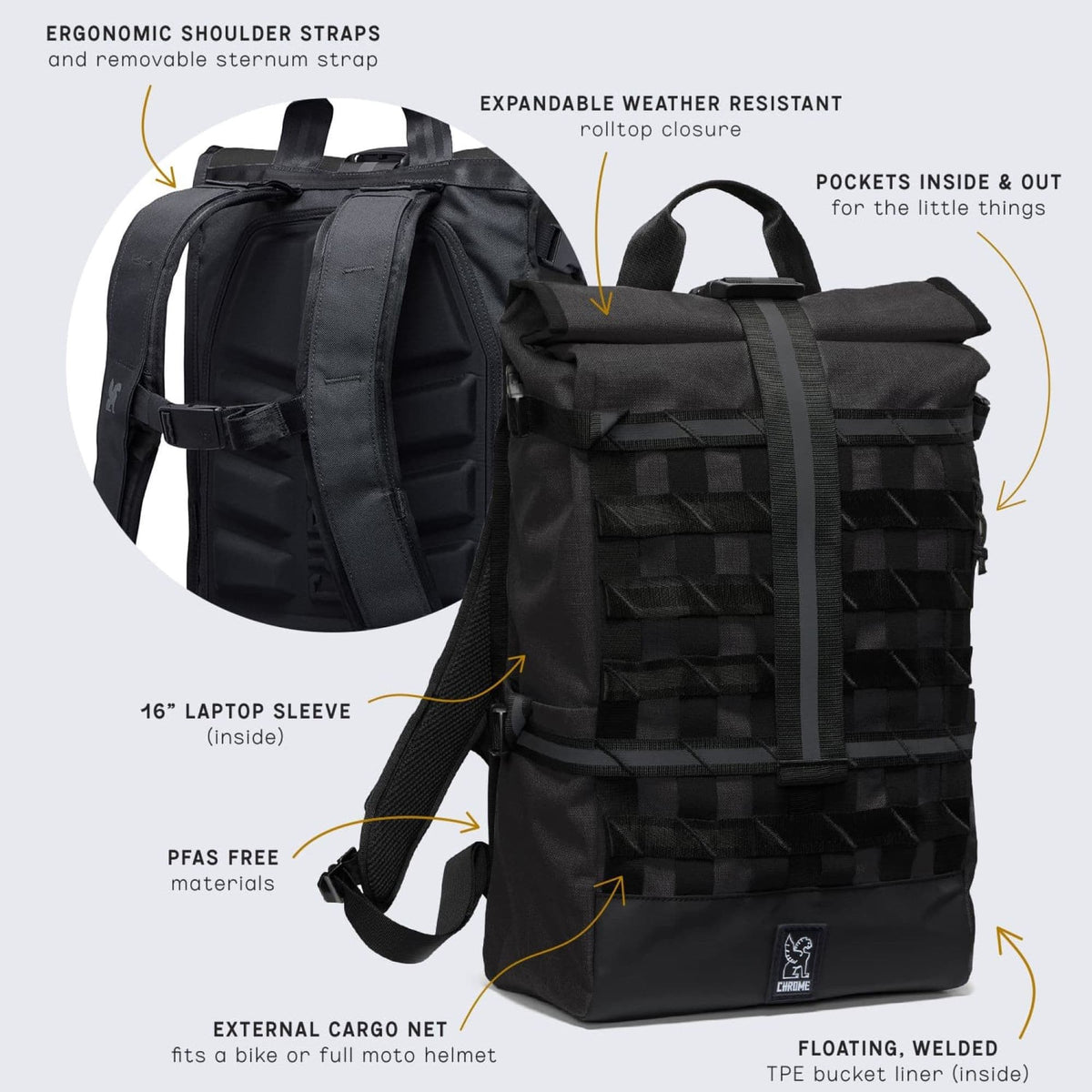 Chrome Industries Barrage Pack 22L in Black — detail view