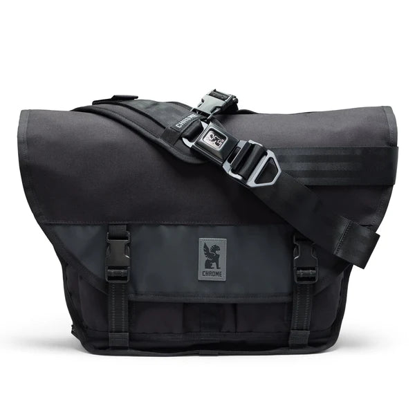 Close-up of the seatbelt buckle on a khaki Chrome Citizen 15L messenger bag