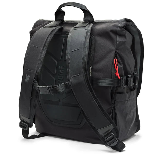 Chrome Industries Warsaw Pack 30L backpack – tan and black, rolltop open showing interior
