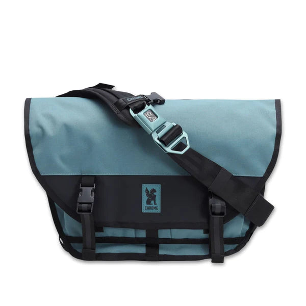 Teal blue Chrome Citizen 15L messenger bag, three-quarter view, flap closed