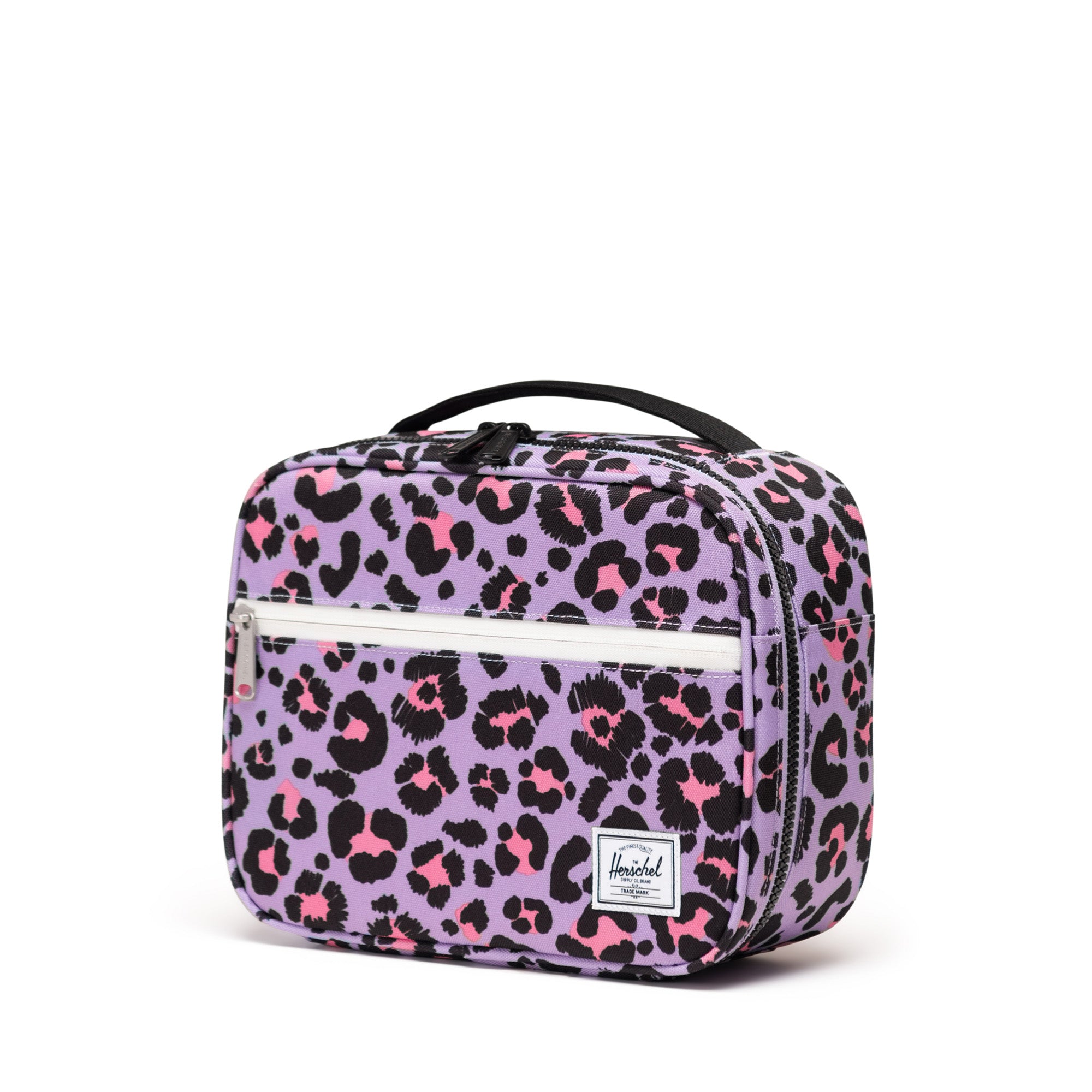 Herschel Pop Quiz Lunch Box Little Herschel 5L in Scribble Leopard Sachet Pink — three-quarter view
