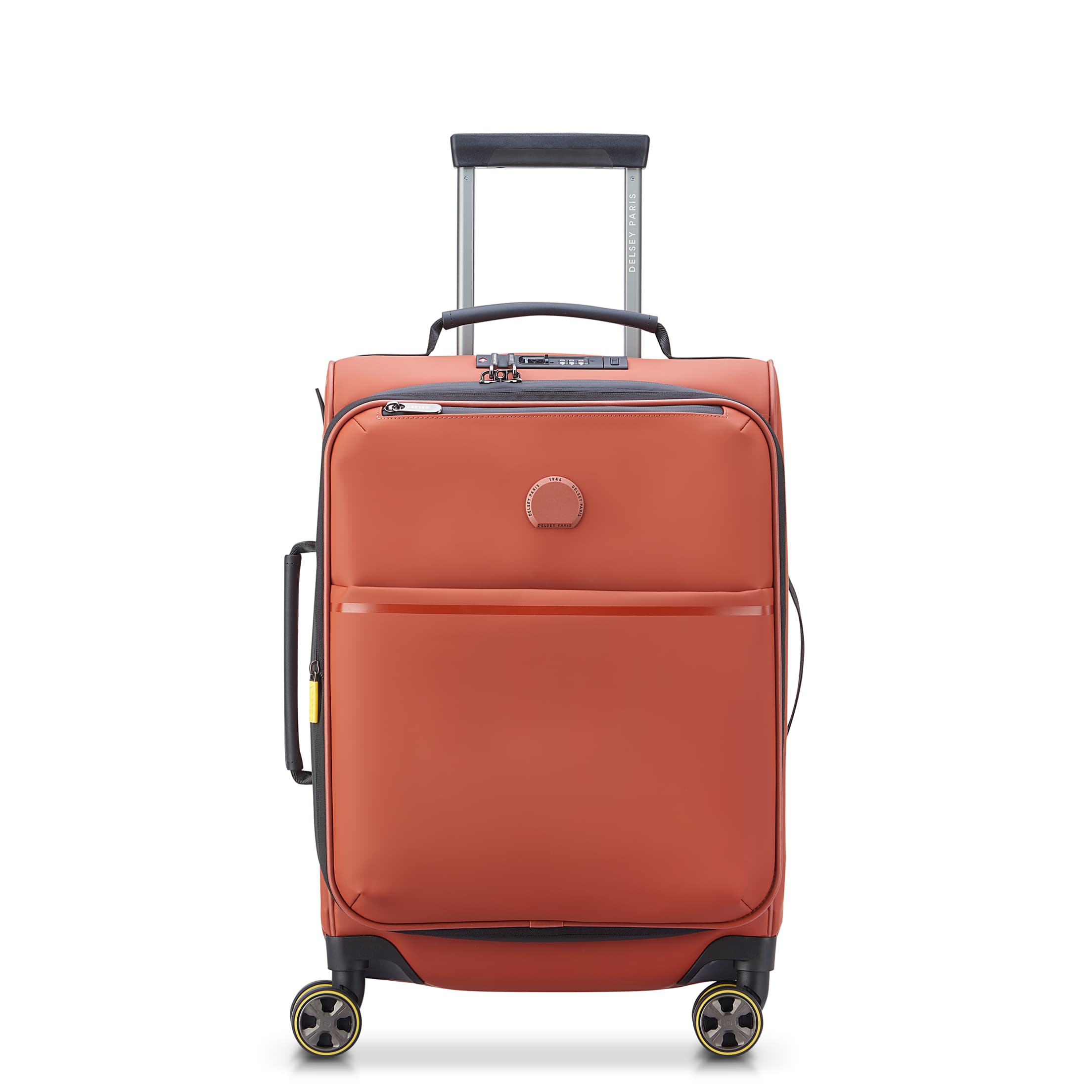 Delsey Turenne Soft Expandable Carry-On Spinner in Brick Red — front view # color_Brick Red