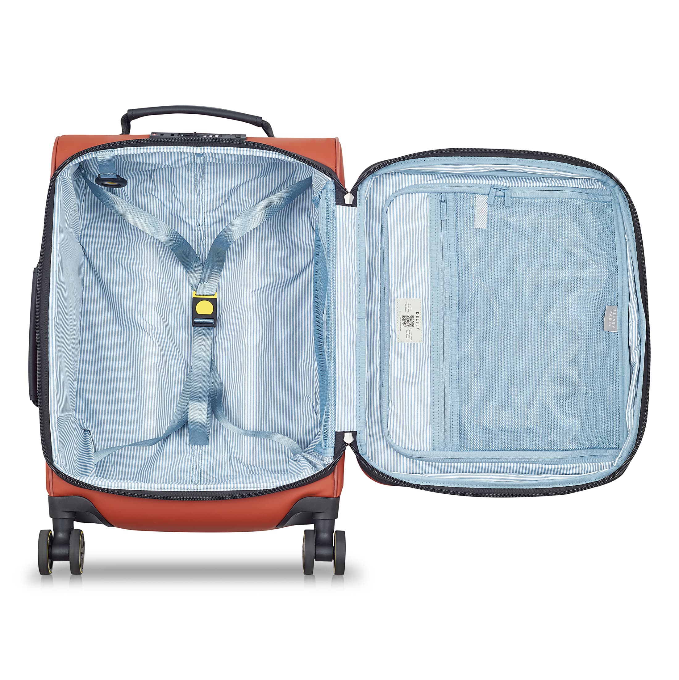Delsey Turenne Soft Expandable Carry-On Spinner in Brick Red — interior view # color_Brick Red