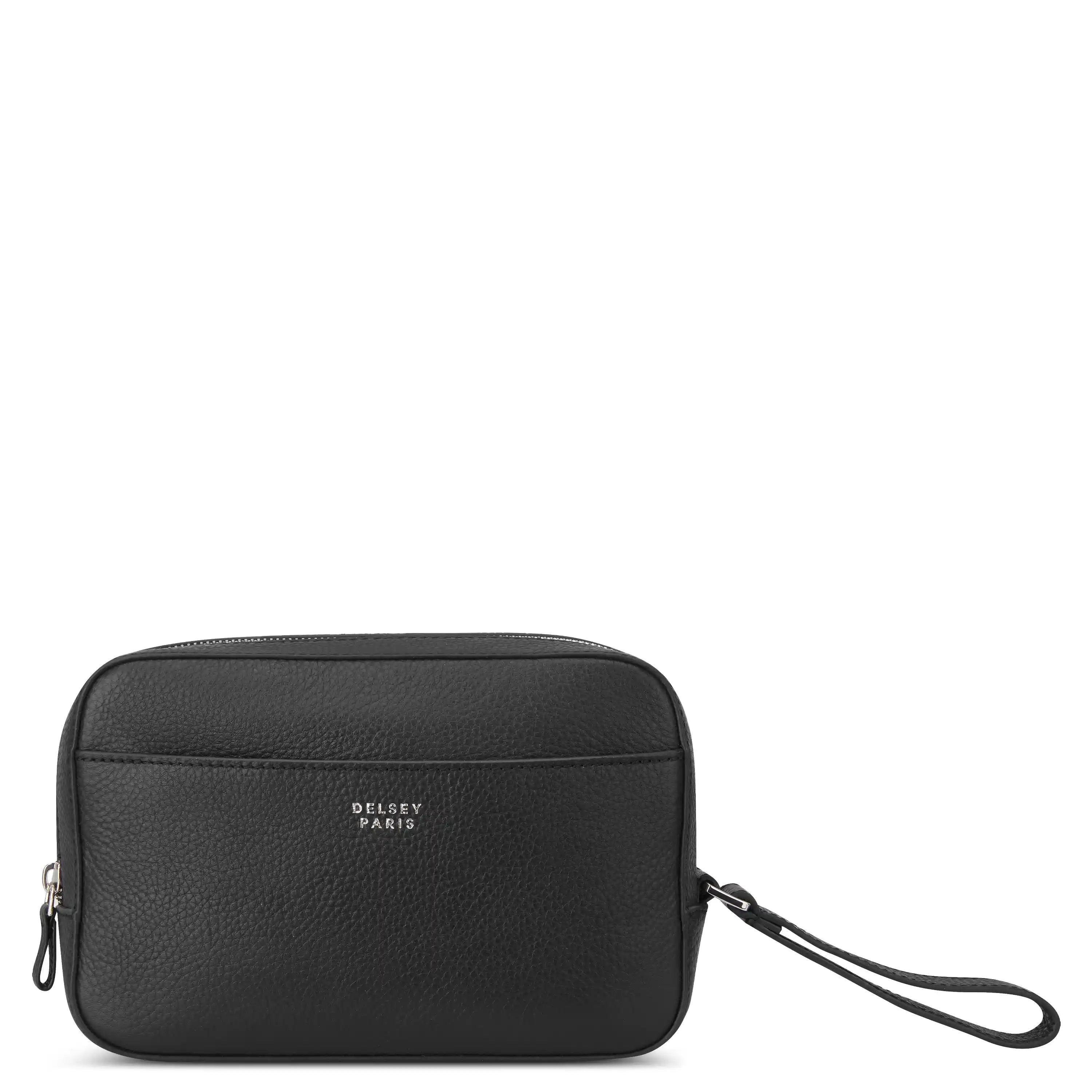 Delsey The Leather Collection Toiletry Bag in Black — front view