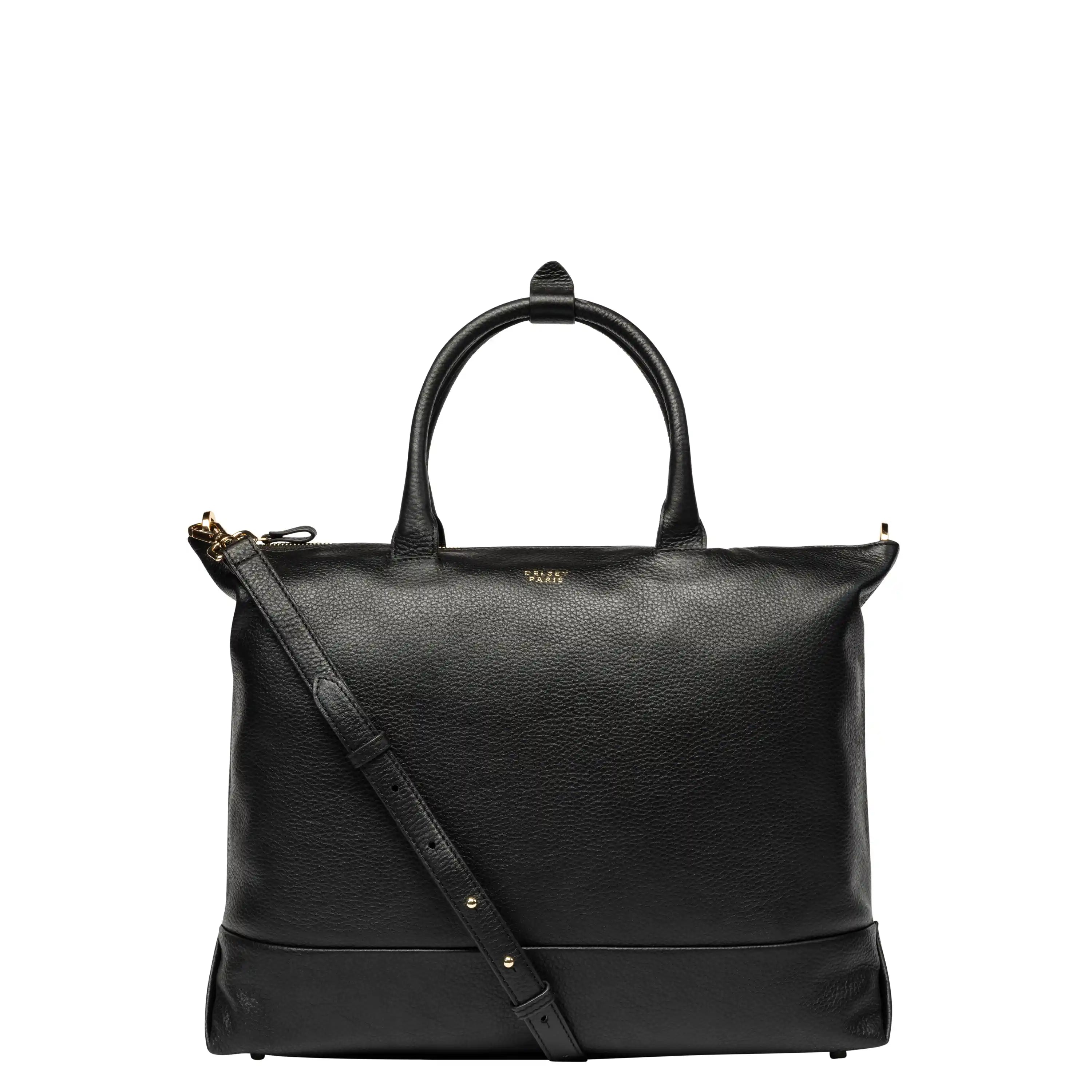 Delsey The Leather Collection Zippered Leather Tote Bag in Black — front view