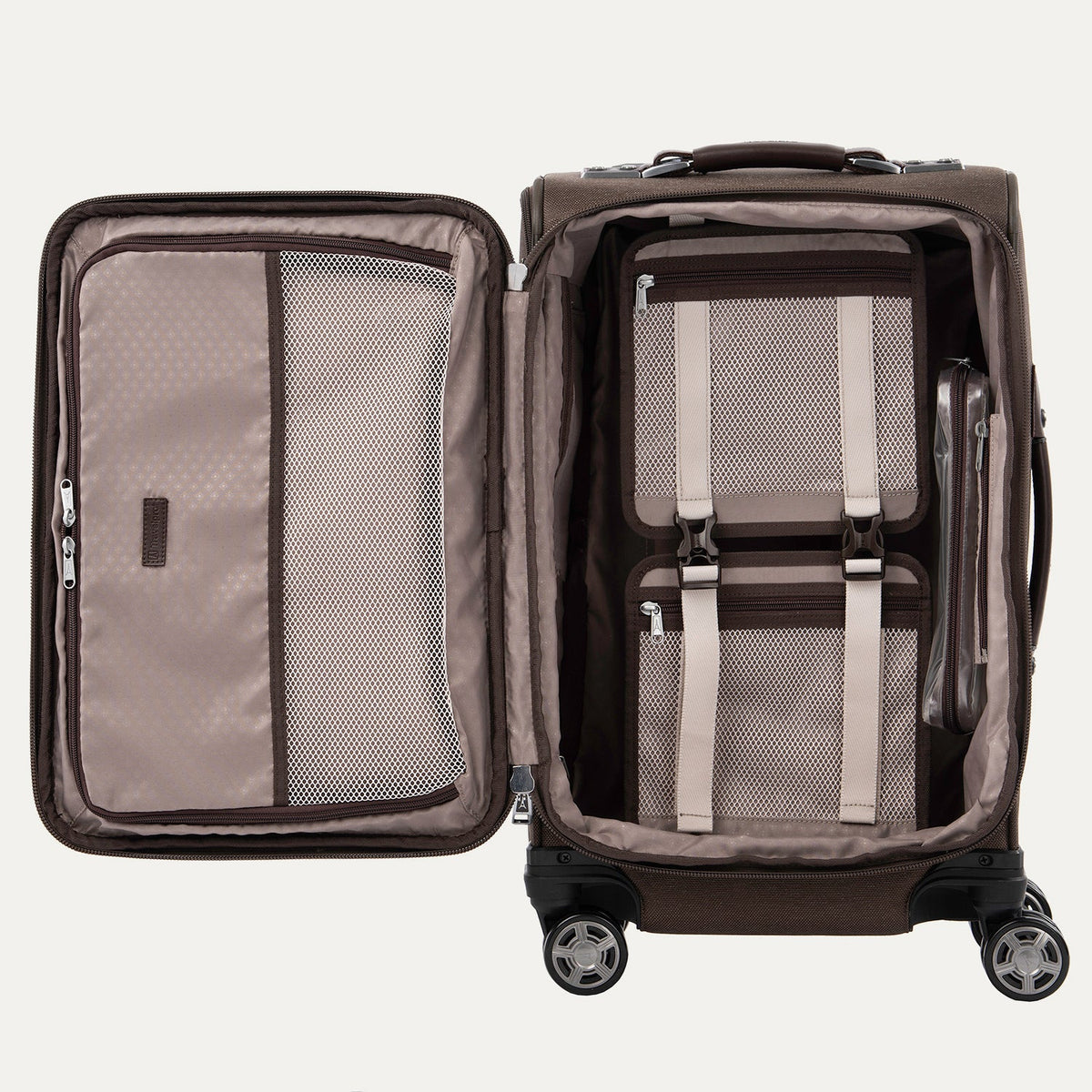 Travelpro Platinum Elite 21” Expandable Carry-On Spinner in Rich Espresso — interior view
