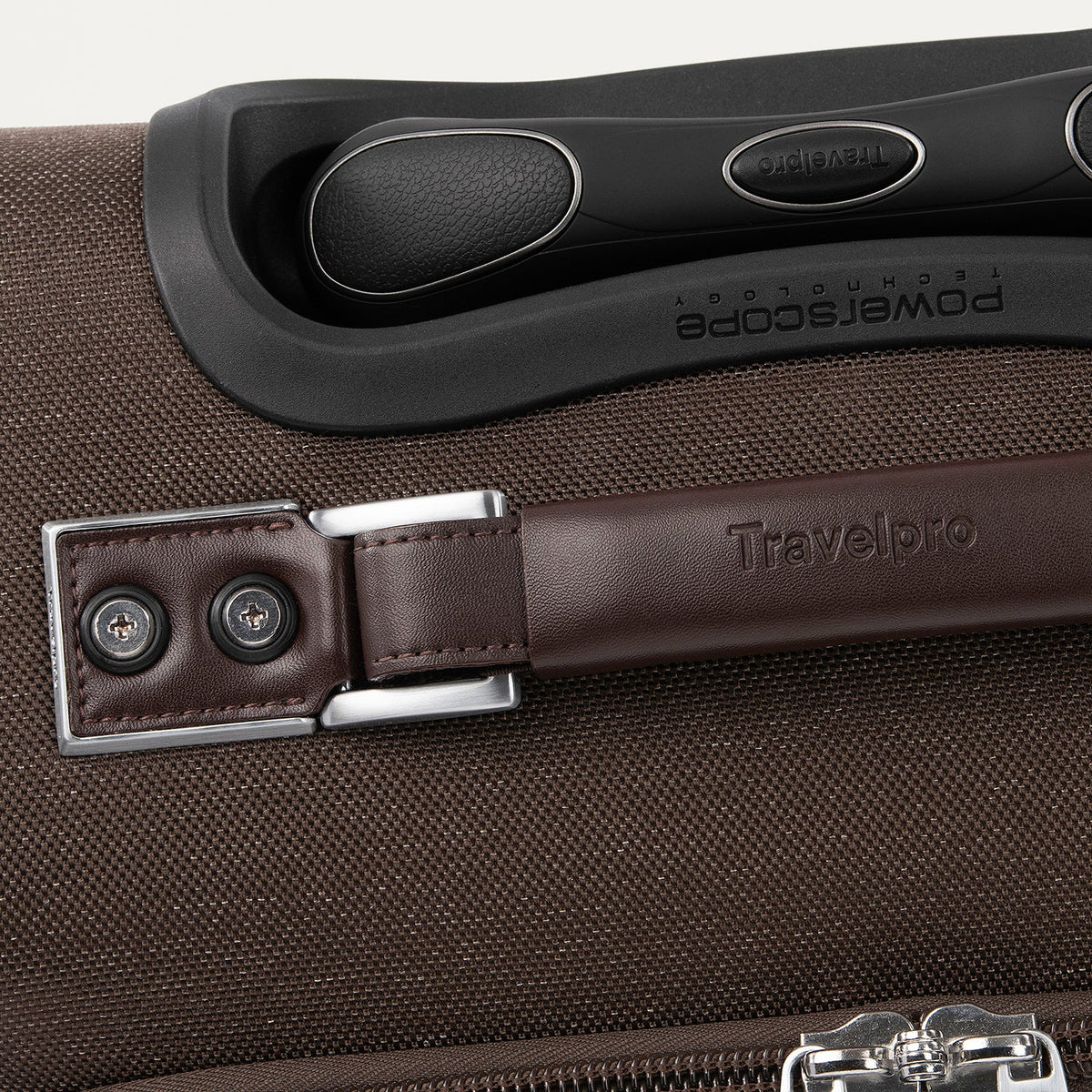 Travelpro Platinum Elite 21” Expandable Carry-On Spinner in Rich Espresso — detail view 2