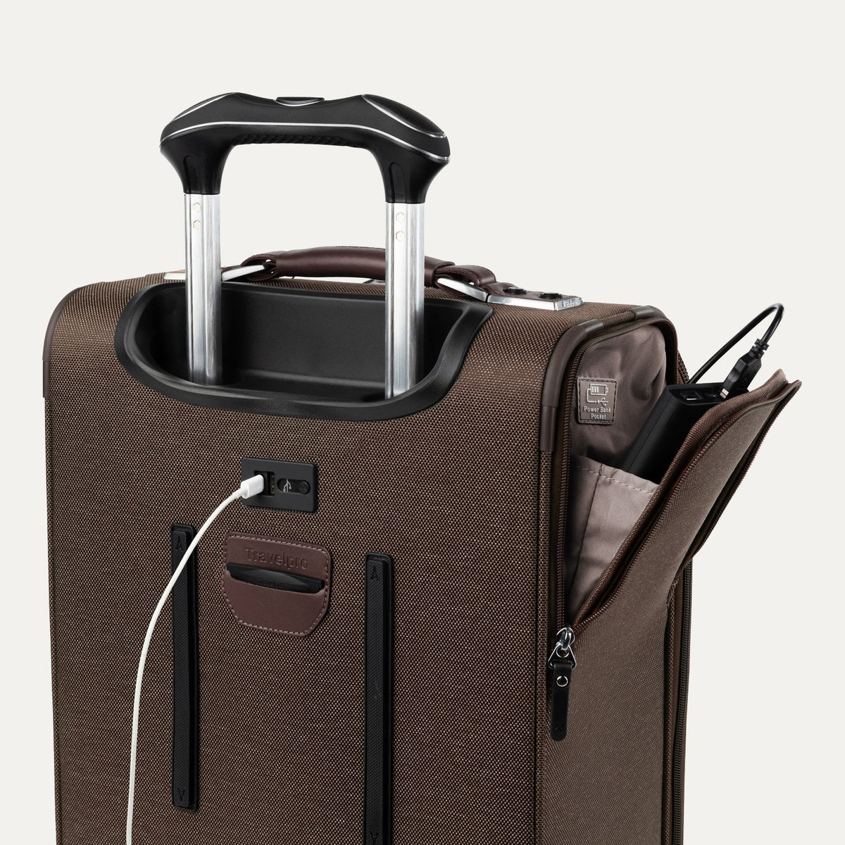 Travelpro Platinum Elite 21” Expandable Carry-On Spinner in Rich Espresso — detail view