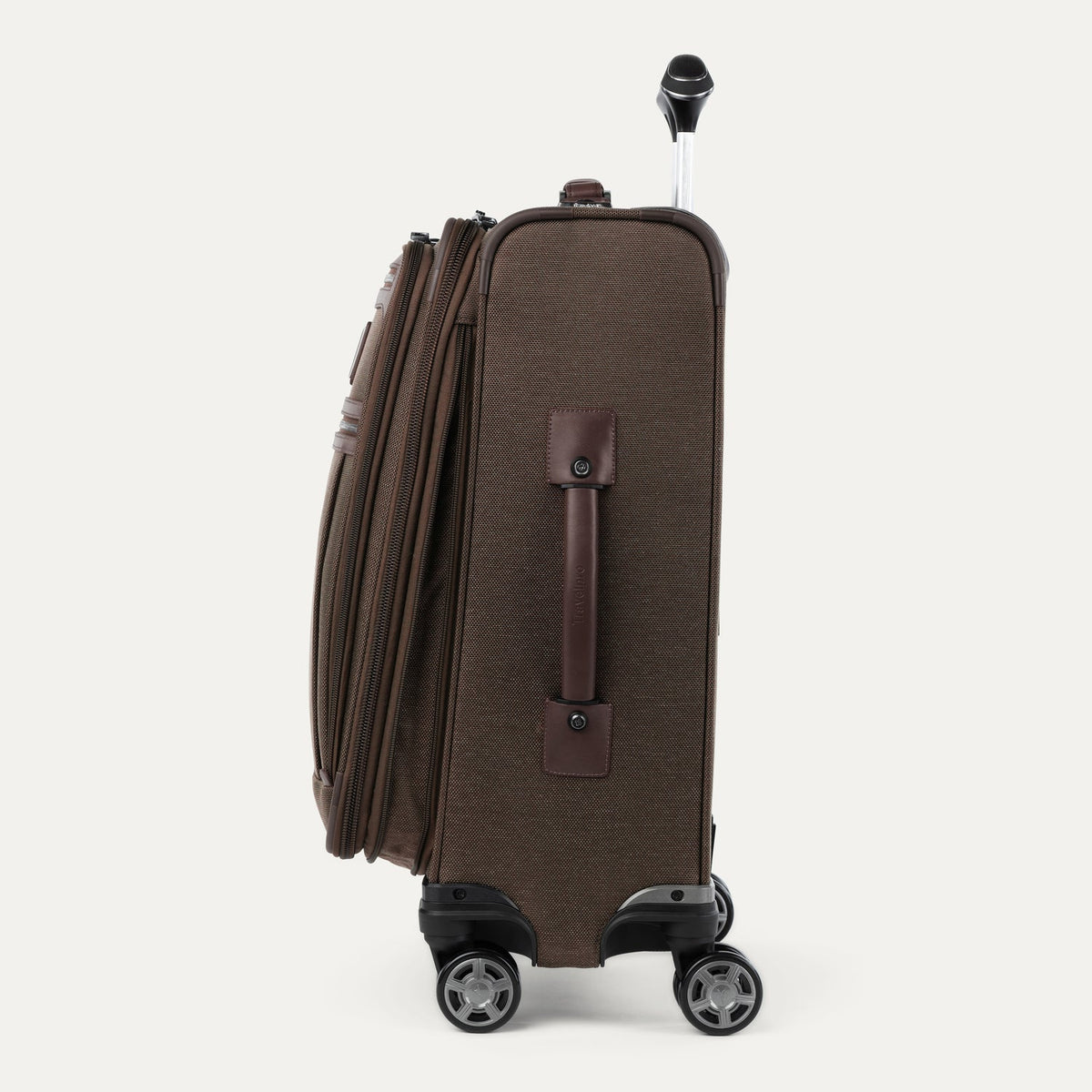Travelpro Platinum Elite 21” Expandable Carry-On Spinner in Rich Espresso — angle view 3