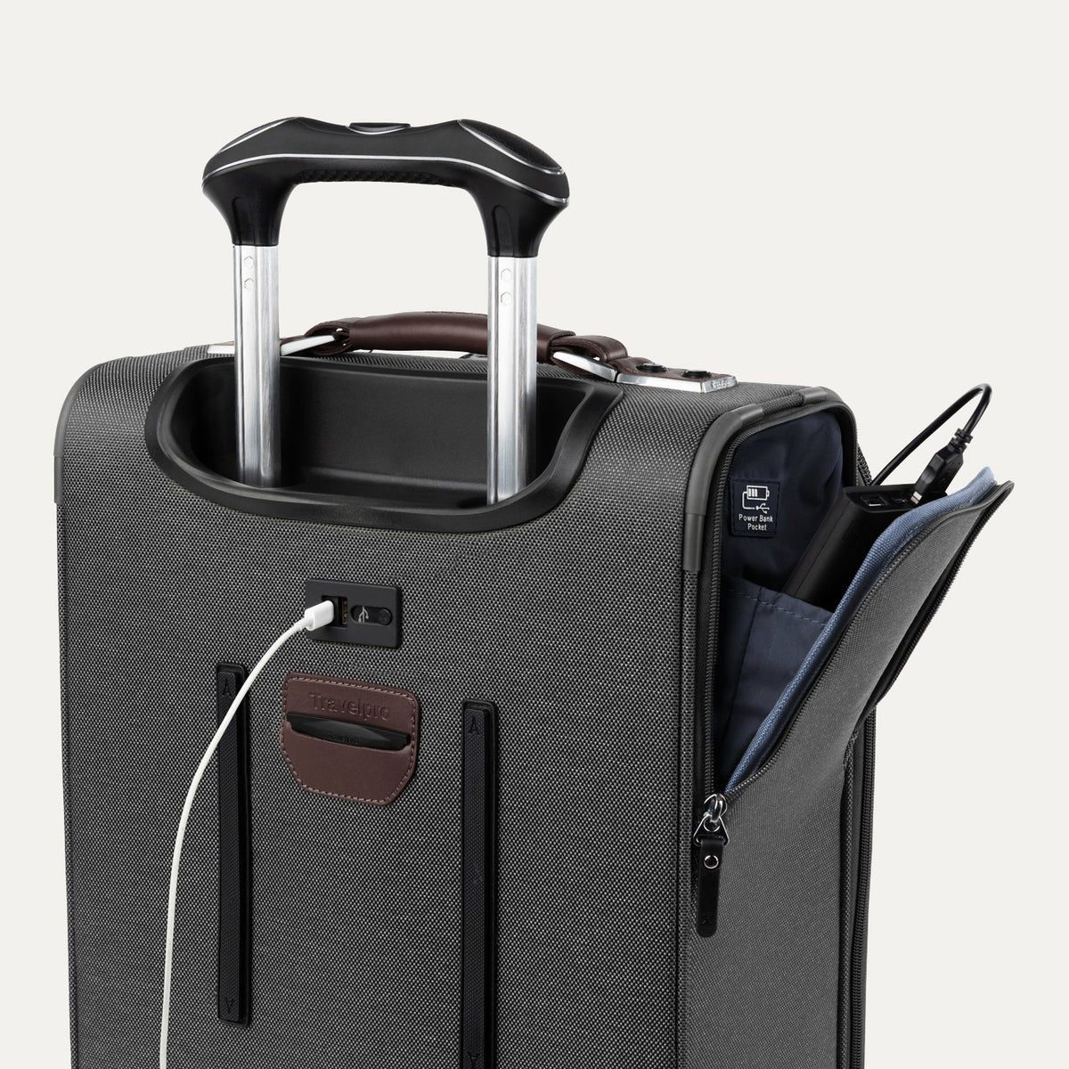 Travelpro Platinum Elite 21” Expandable Carry-On Spinner in Vintage Grey — detail view