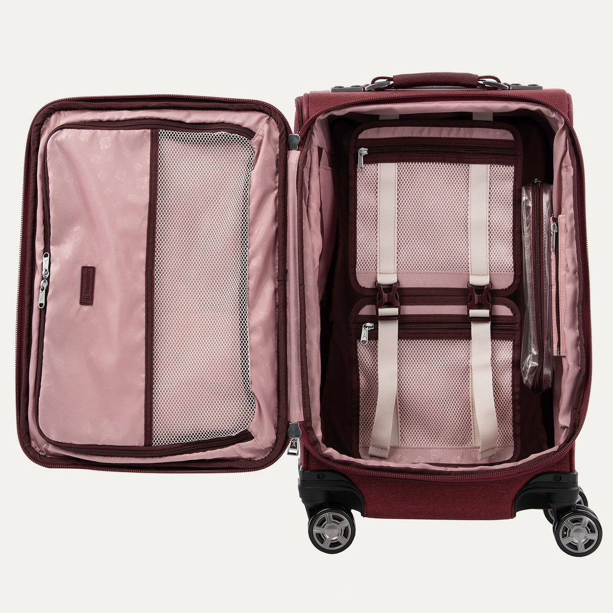 Travelpro Platinum Elite 21” Expandable Carry-On Spinner in Bordeaux — interior view
