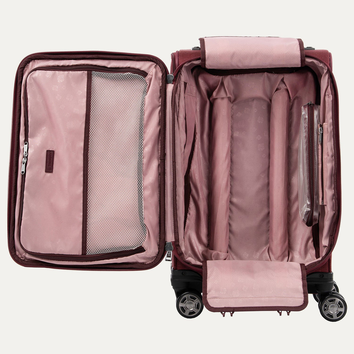 Travelpro Platinum Elite 21” Expandable Carry-On Spinner in Bordeaux — interior view 2