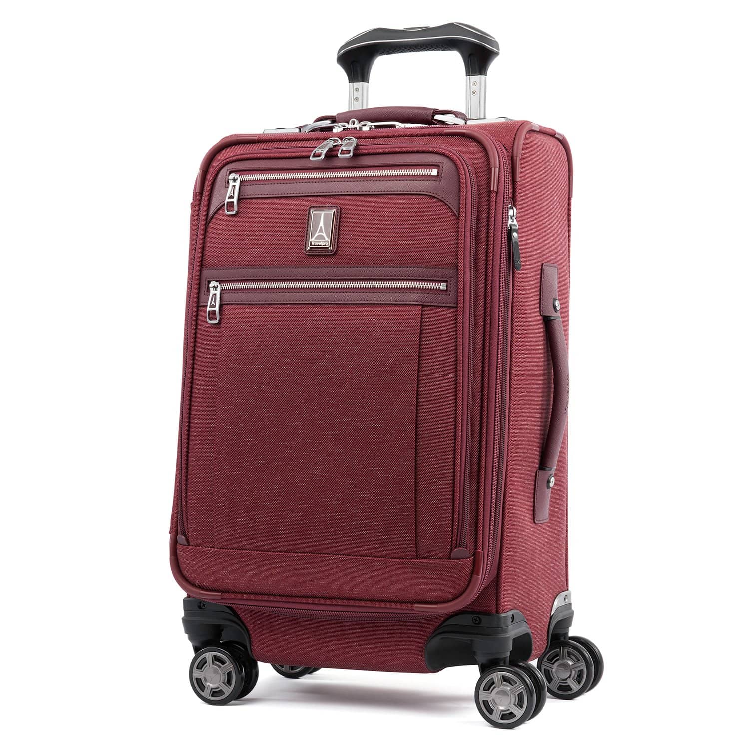 Travelpro Platinum Elite 21” Expandable Carry-On Spinner in Bordeaux — front view # color_Bordeaux