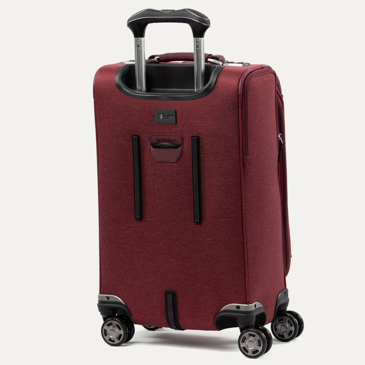 Travelpro Platinum Elite 21” Expandable Carry-On Spinner in Bordeaux — back view