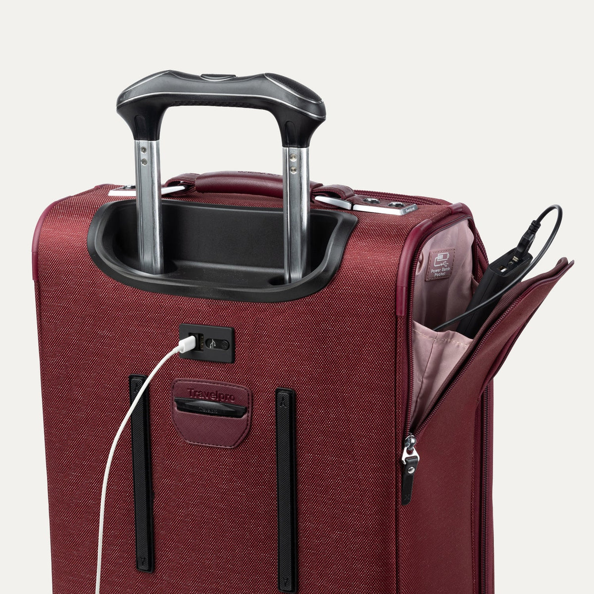Travelpro Platinum Elite 21” Expandable Carry-On Spinner in Bordeaux — detail view
