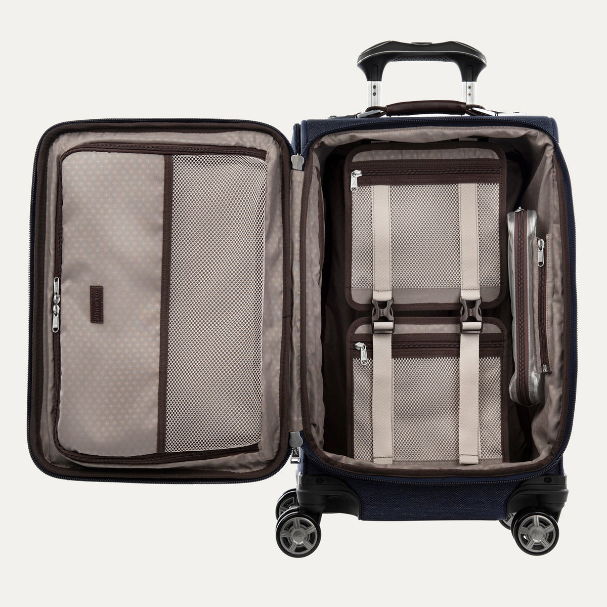 Travelpro Platinum Elite 21” Expandable Carry-On Spinner in True Navy — interior view