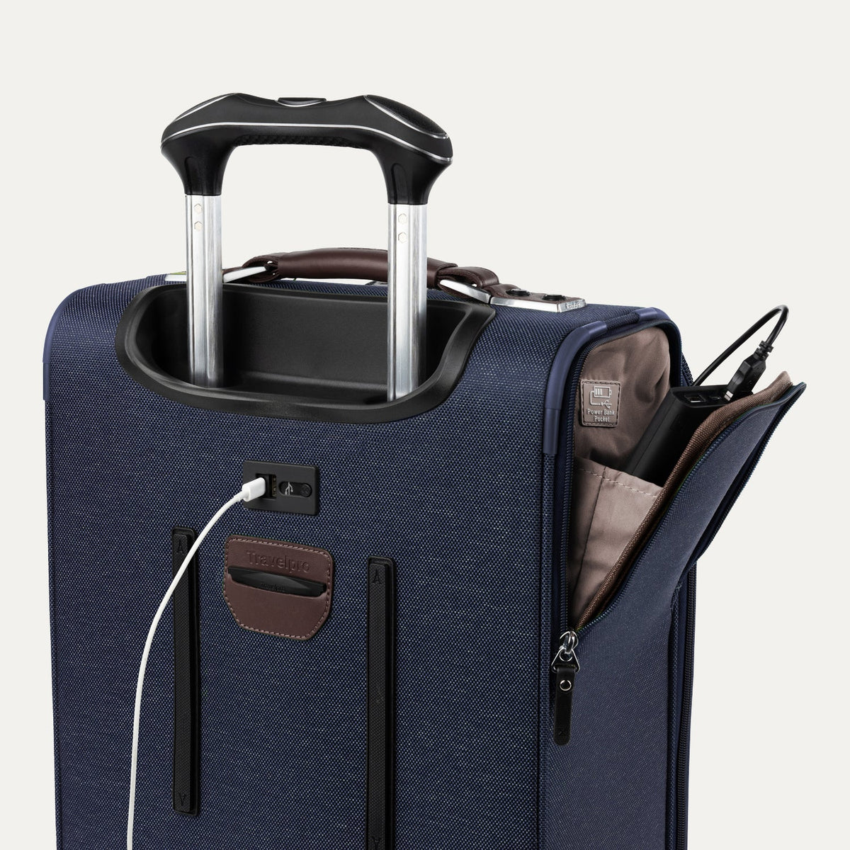 Travelpro Platinum Elite 21” Expandable Carry-On Spinner in True Navy — detail view