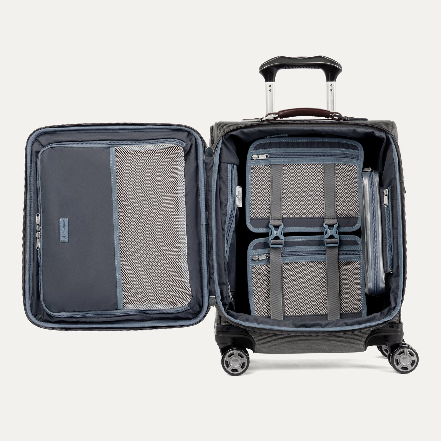 Travelpro Platinum Elite International Carry-On Expandable Spinner in Vintage Grey — interior view