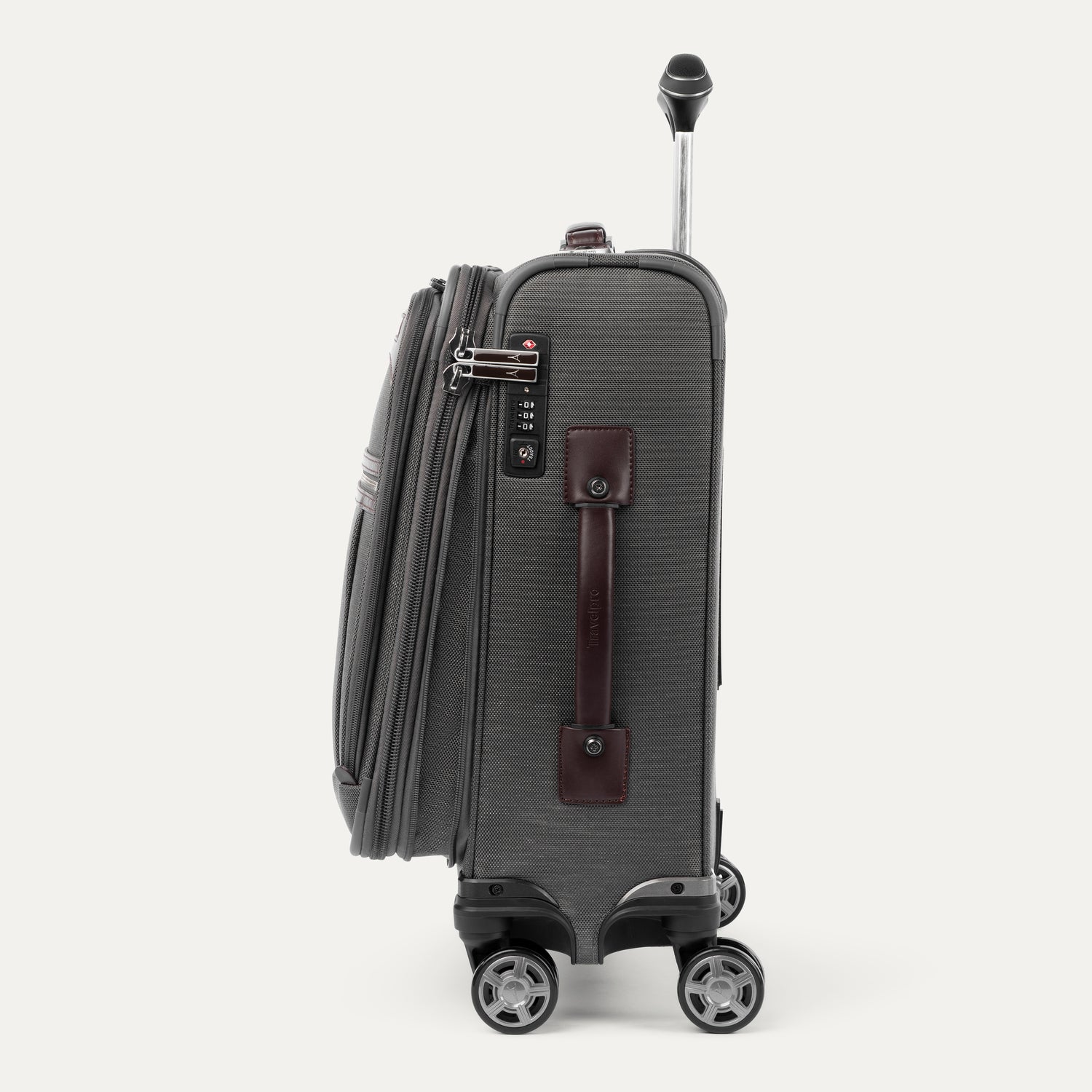Travelpro Platinum Elite International Carry-On Expandable Spinner in Vintage Grey — angle view 2