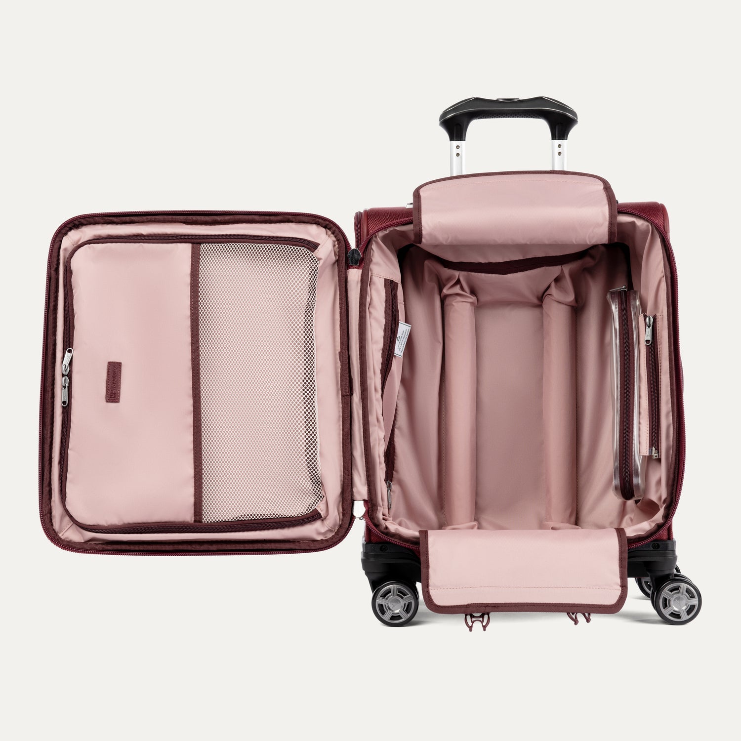 Travelpro Platinum Elite International Carry-On Expandable Spinner in Bordeaux — interior view 2
