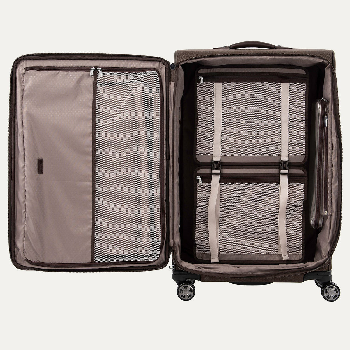 Travelpro Platinum Elite 29” Expandable Spinner in Rich Espresso — interior view