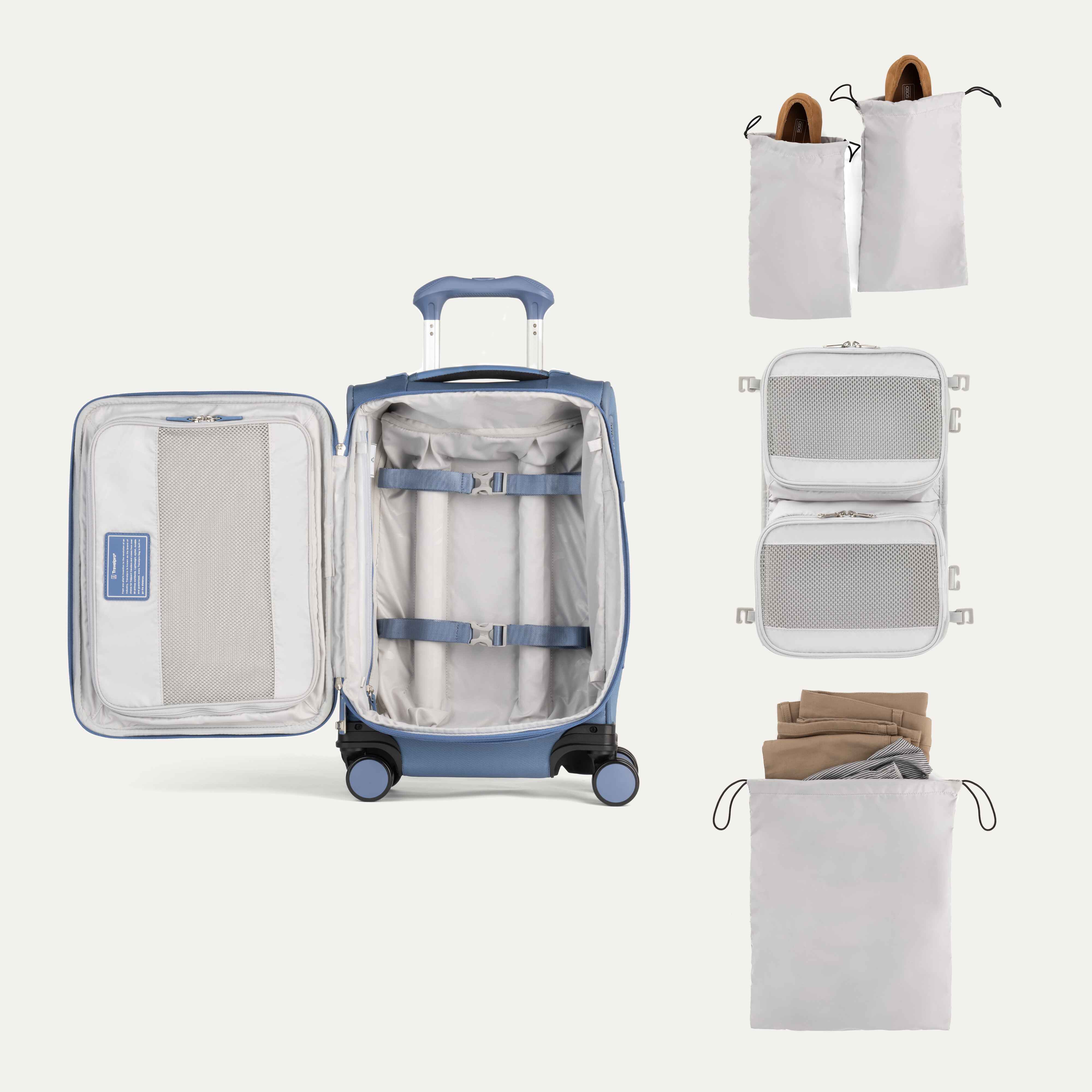 Travelpro VersaPack+ Compact Carry-On Spinner in Elemental Blue — back view