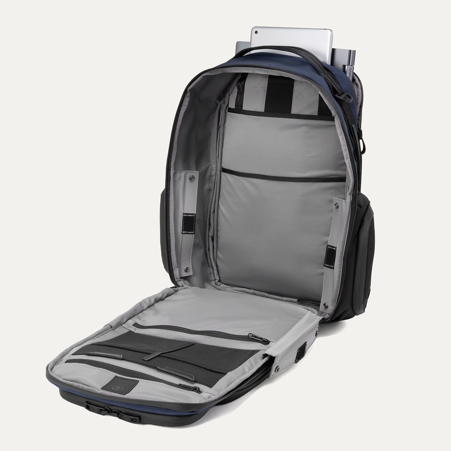 Travelpro Altitude Large Expandable Laptop Backpack 30-36L in Aviator Navy — interior view
