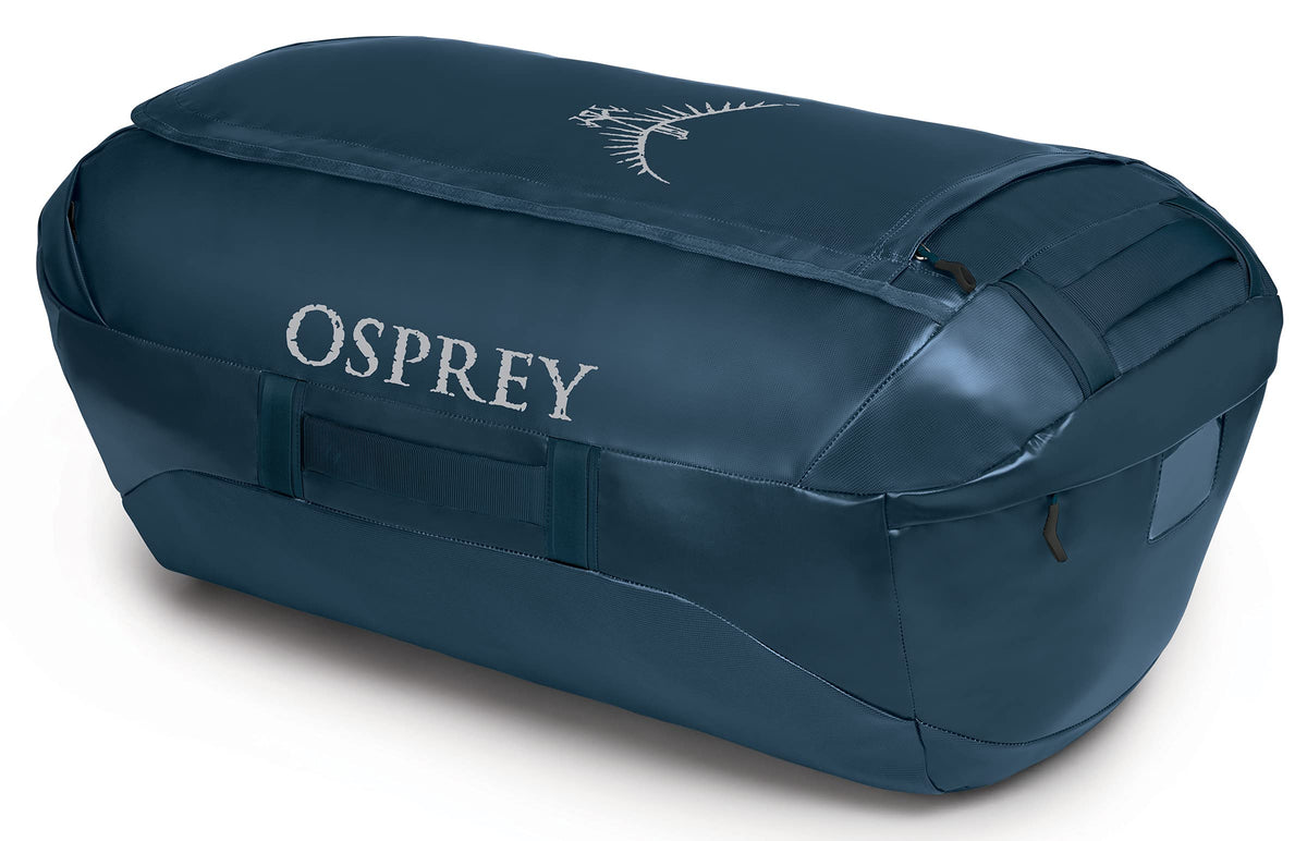 Osprey Transporter 120L Expedition Duffel Bag in Venturi Blue — angle view without harness