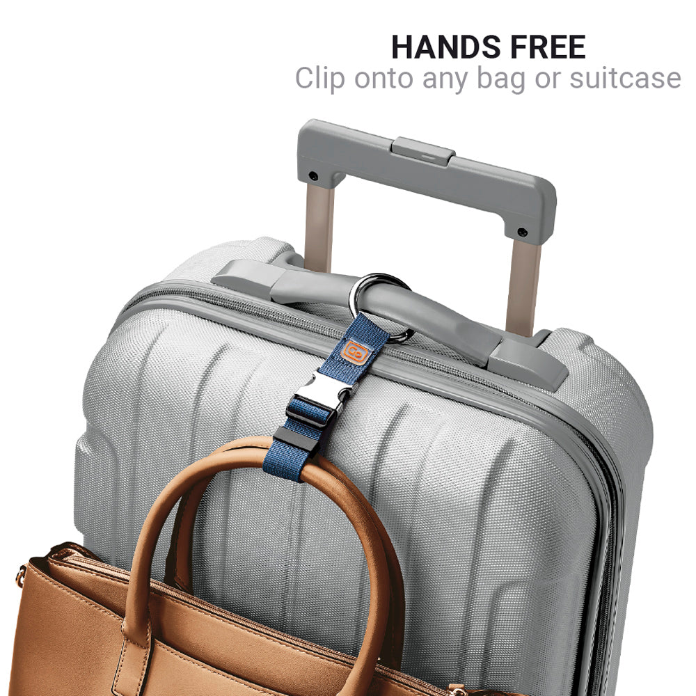 Go Travel Carry Clip in Blue — attached to a suitcase