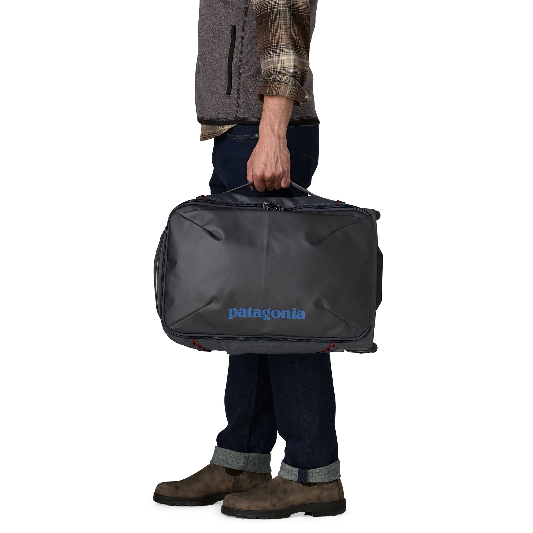 Patagonia Black Hole MLC Wheelie 34L in Smolder Blue/Amanita Red — lifestyle 2