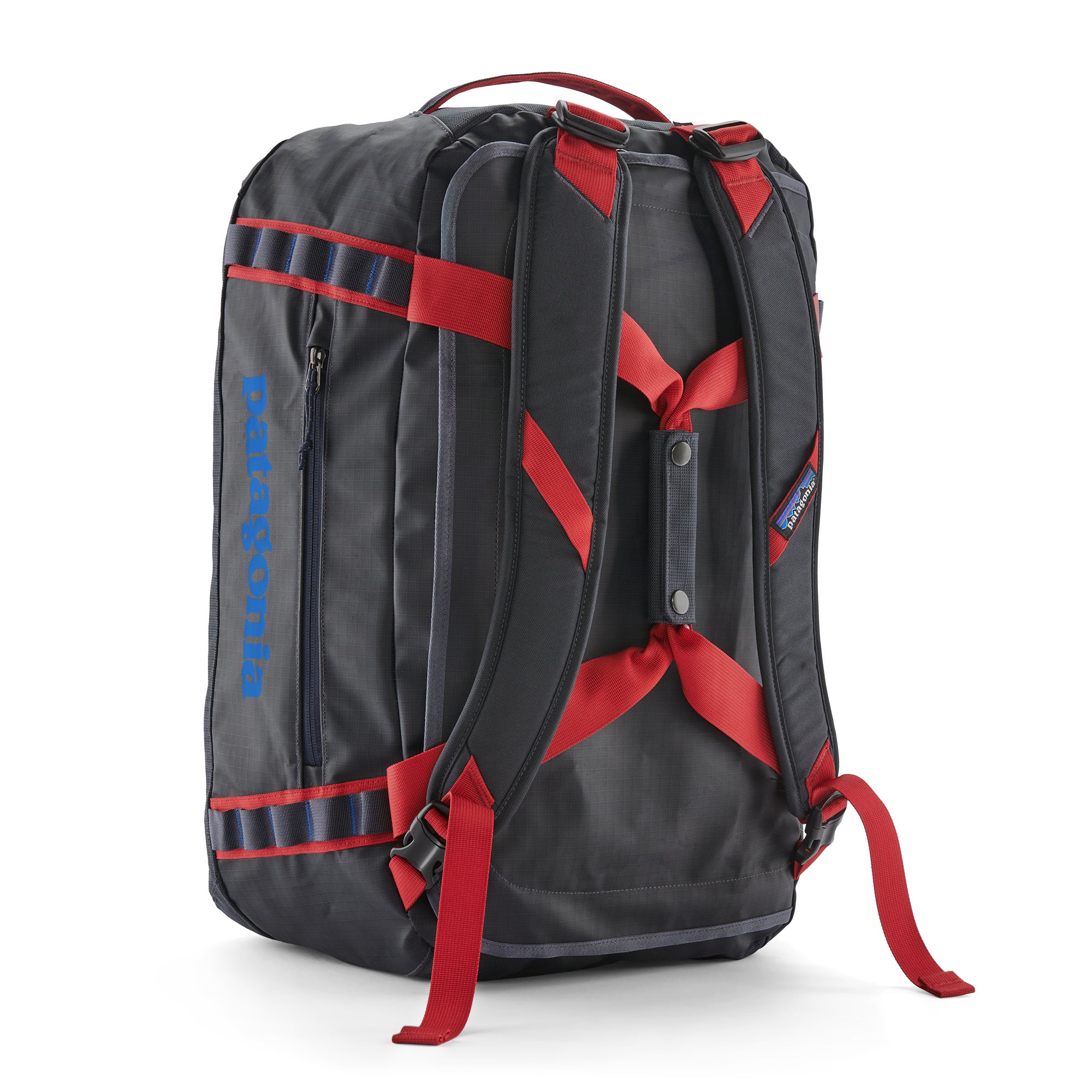 Patagonia Black Hole Duffel 40L in Smolder Blue/Amanita Red — angle view 2