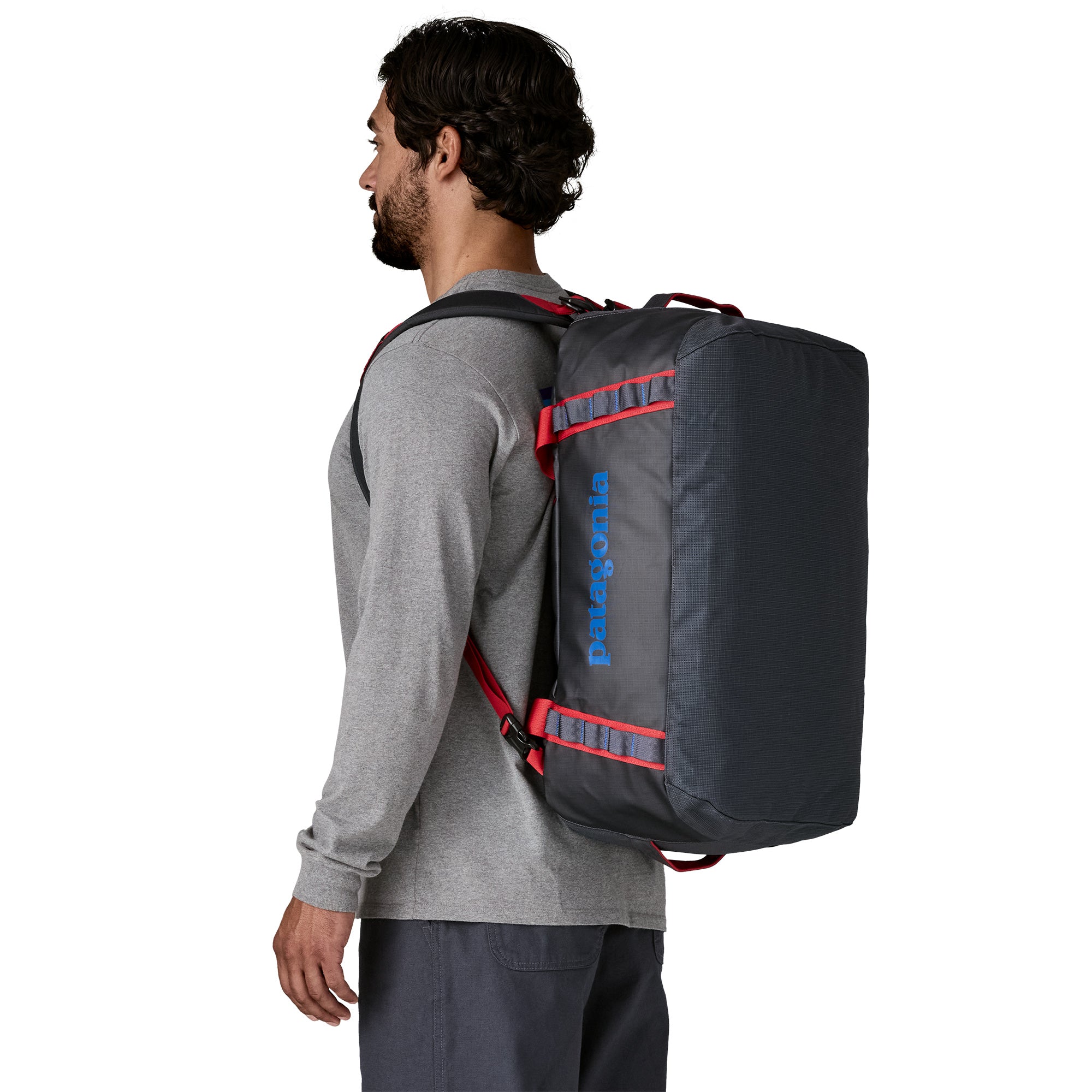 Patagonia Black Hole Duffel 40L in Smolder Blue/Amanita Red — back view