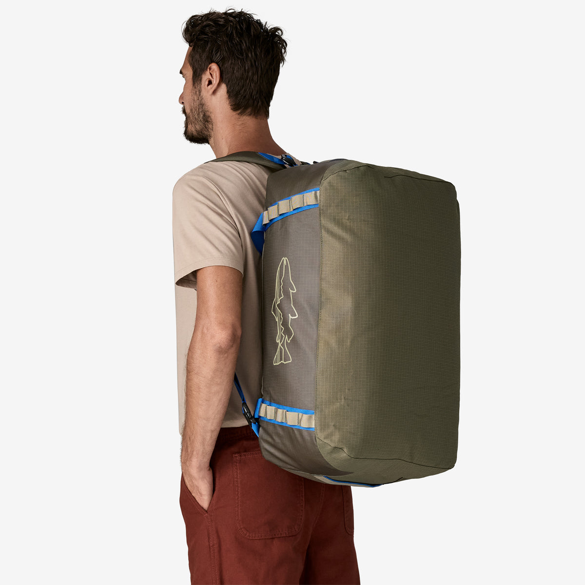 Patagonia Black Hole Duffel 55L in Basin Green/Fitz Trout — lifestyle
