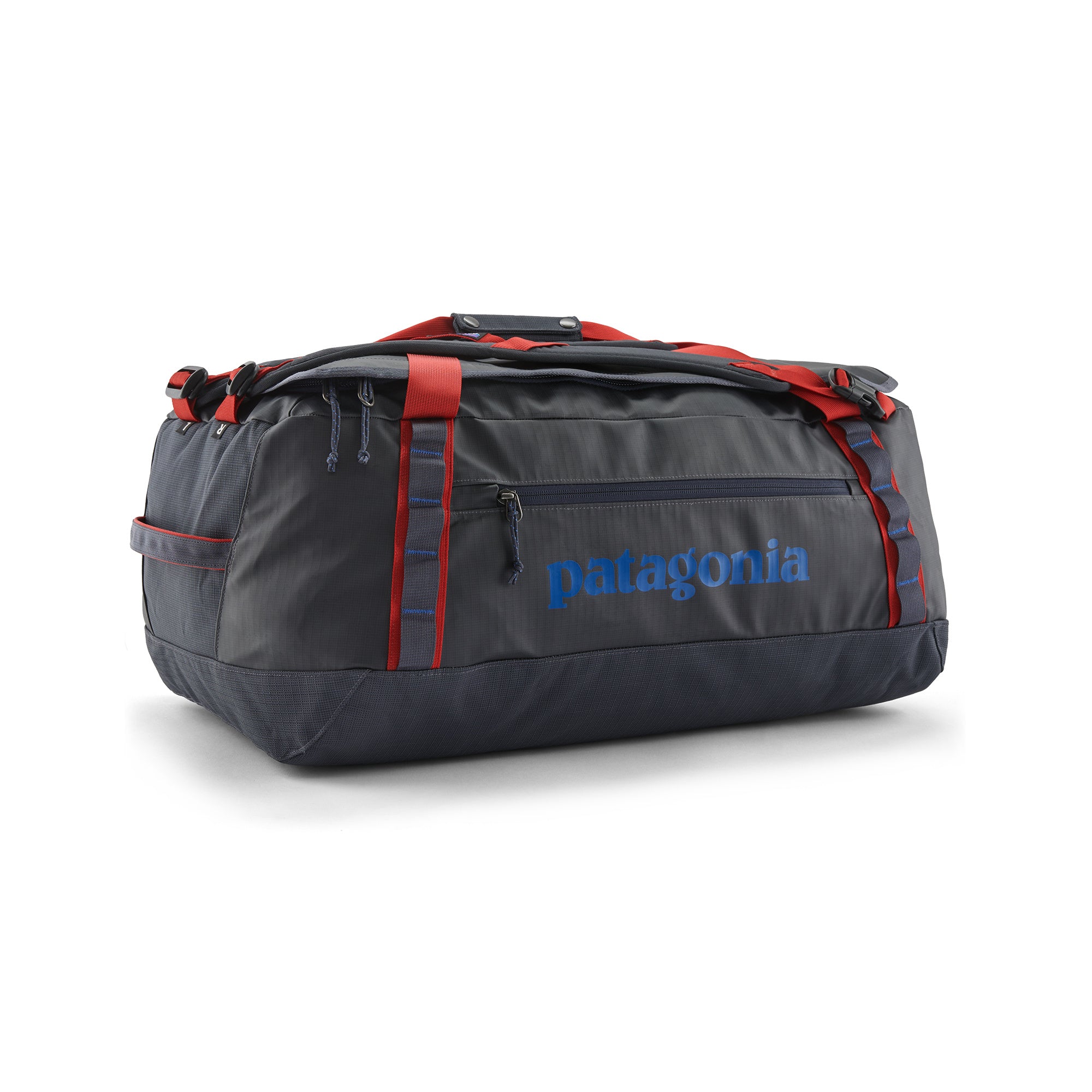 Patagonia Black Hole Duffel 55L in Smolder Blue/Amanita Red — front view