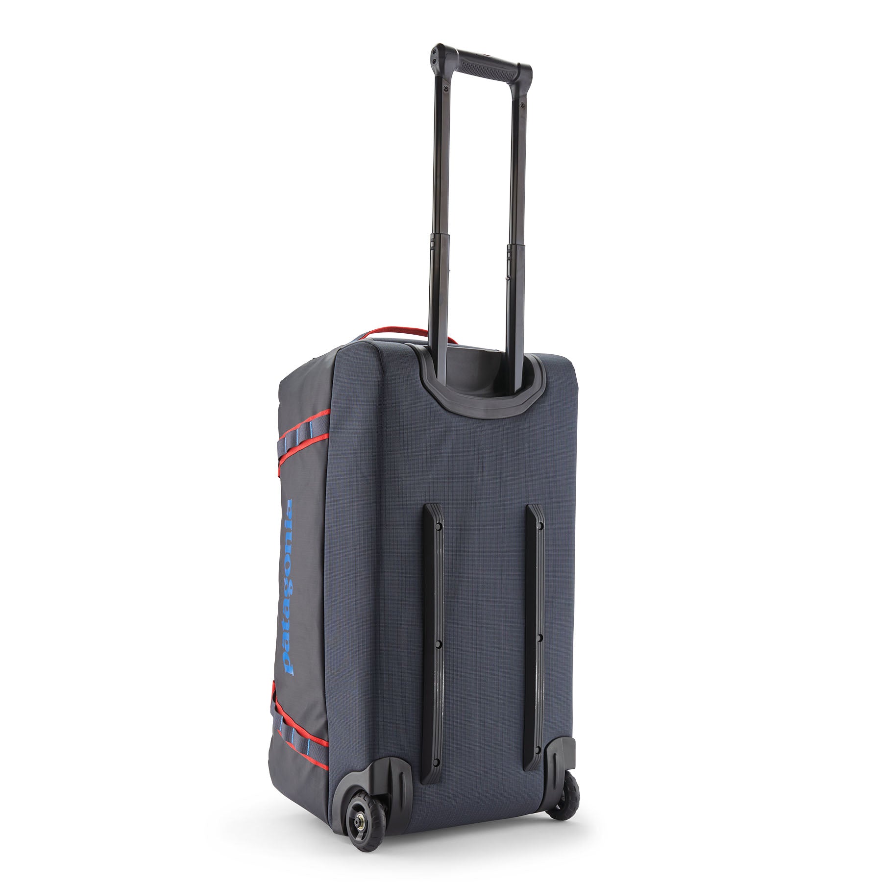 Patagonia Black Hole Wheeled Duffel 70L in Smolder Blue/Amanita Red — back view