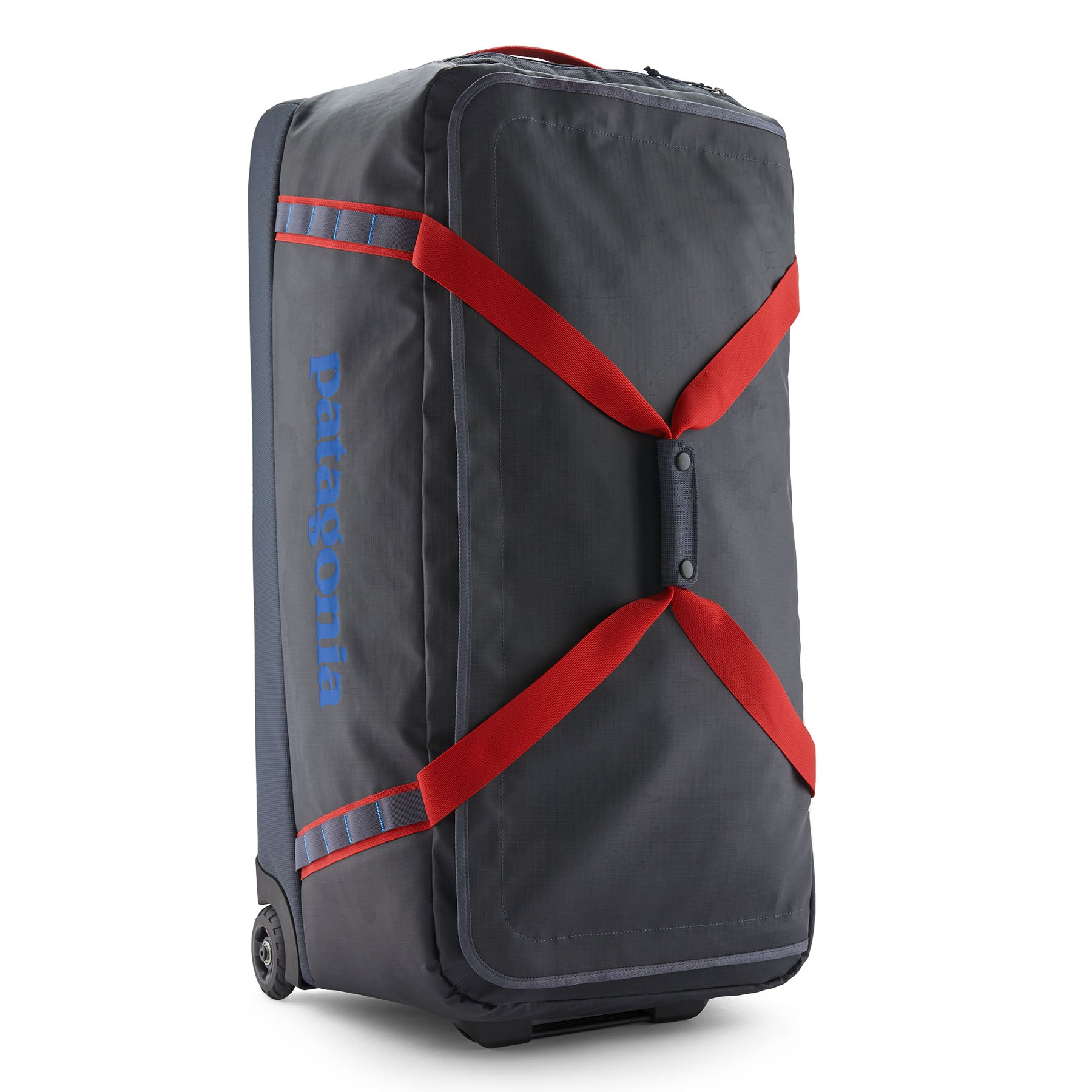 Patagonia Black Hole Wheeled Duffel 100L in Smolder Blue/Amanita Red — front view
