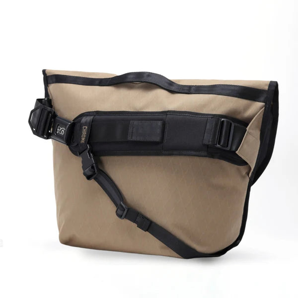 Khaki Chrome Citizen 15L messenger bag, three-quarter view with buckle and strap
