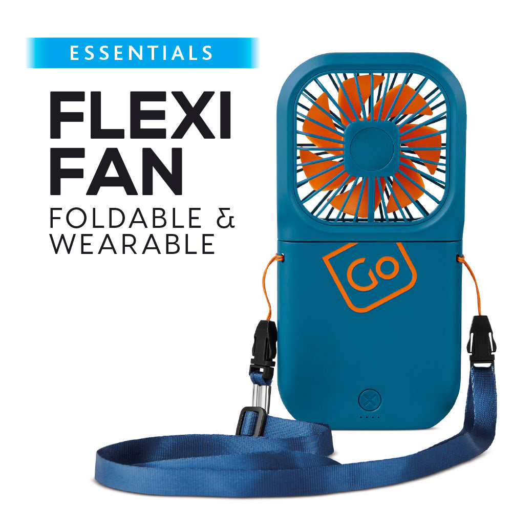 Go Travel Flexi Fan in Blue — front view with neck lanyard