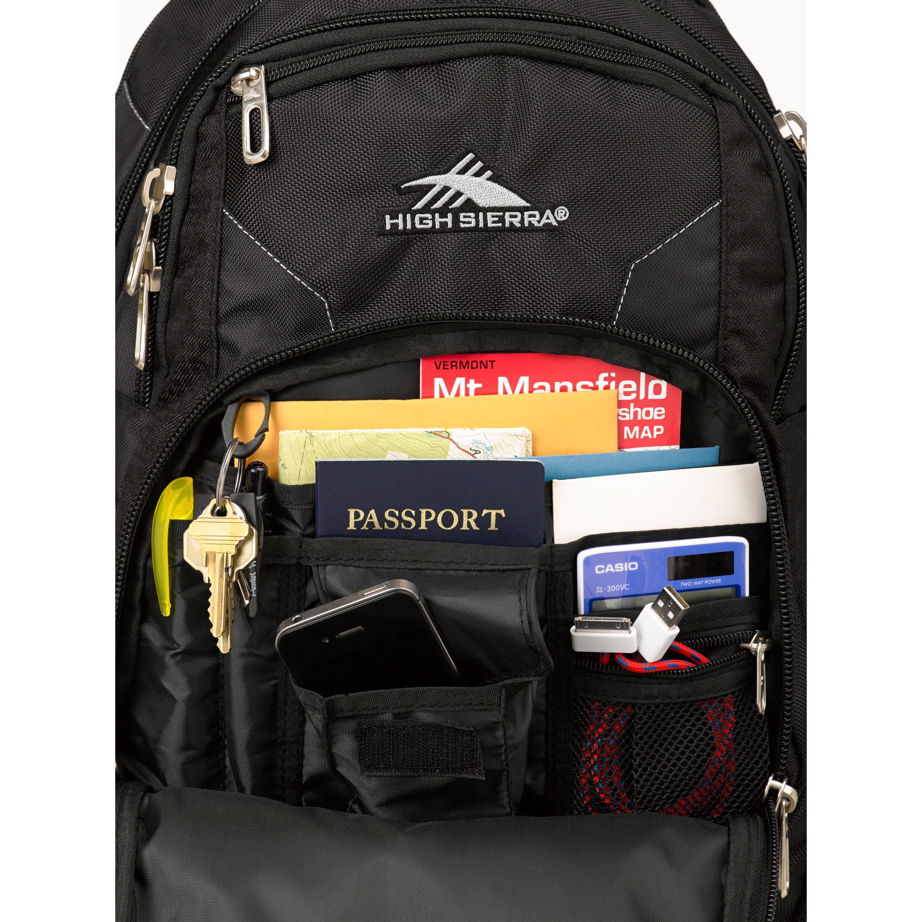 High Sierra XBT TSA Backpack in Black — interior view