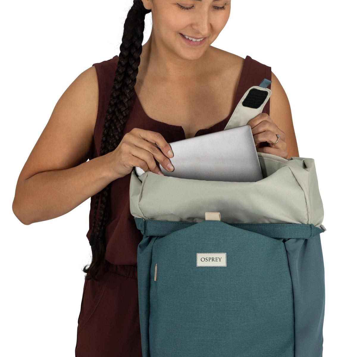 Osprey Arcane Roll Top Backpack 24L in Cascade Blue Heather — detail view # color_Cascade Blue Heather