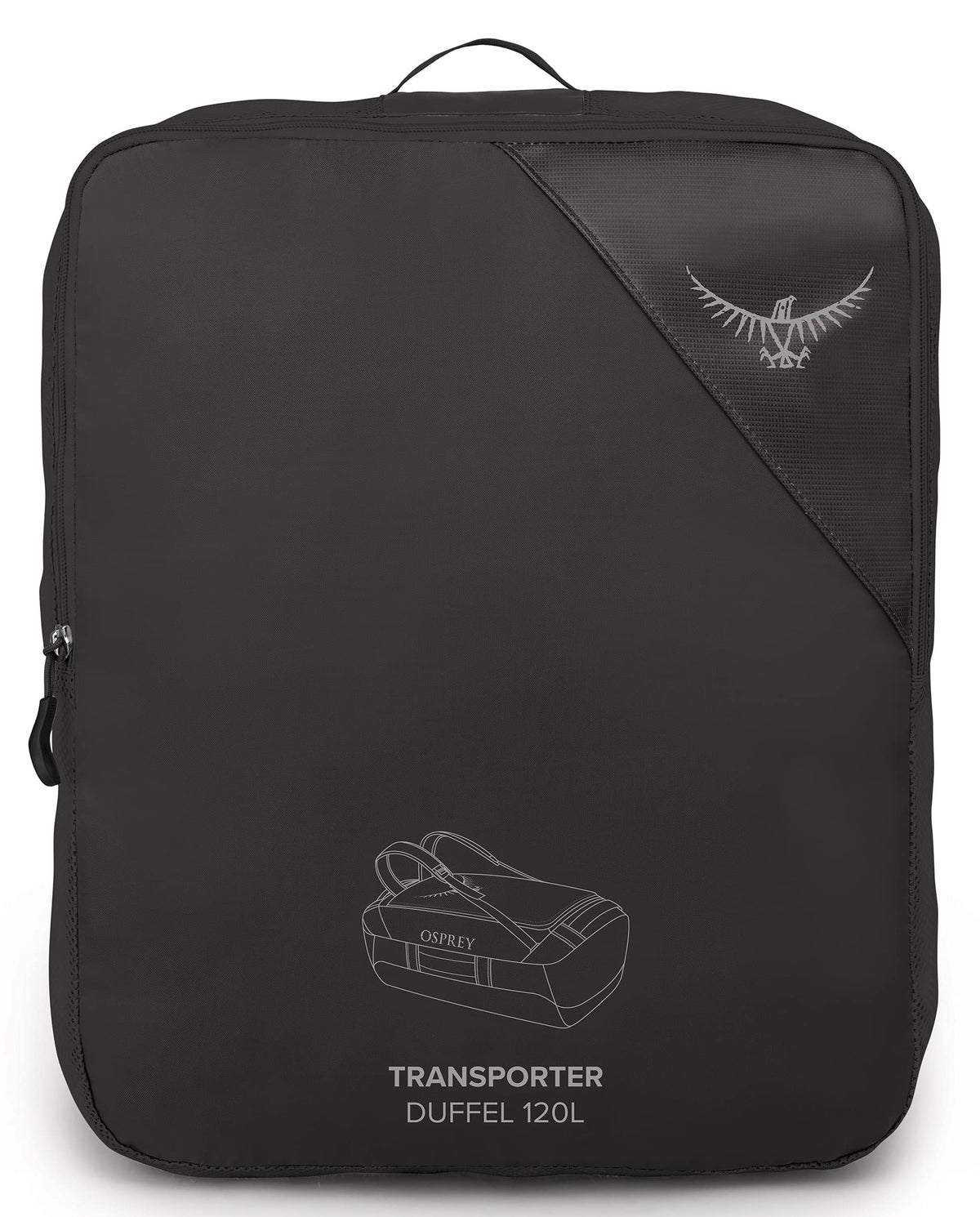 Osprey Transporter 120L Expedition Duffel Bag in Black — packed flat in stuff pocket
