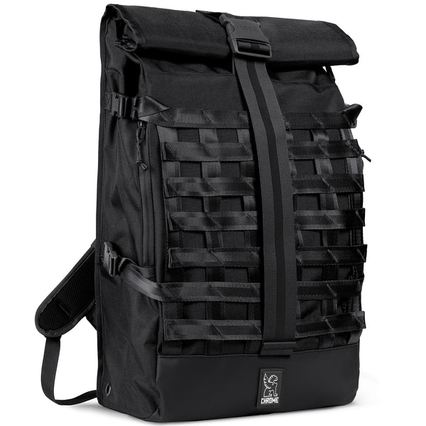 Chrome Industries Barrage 34L backpack – black, rolltop main compartment open
