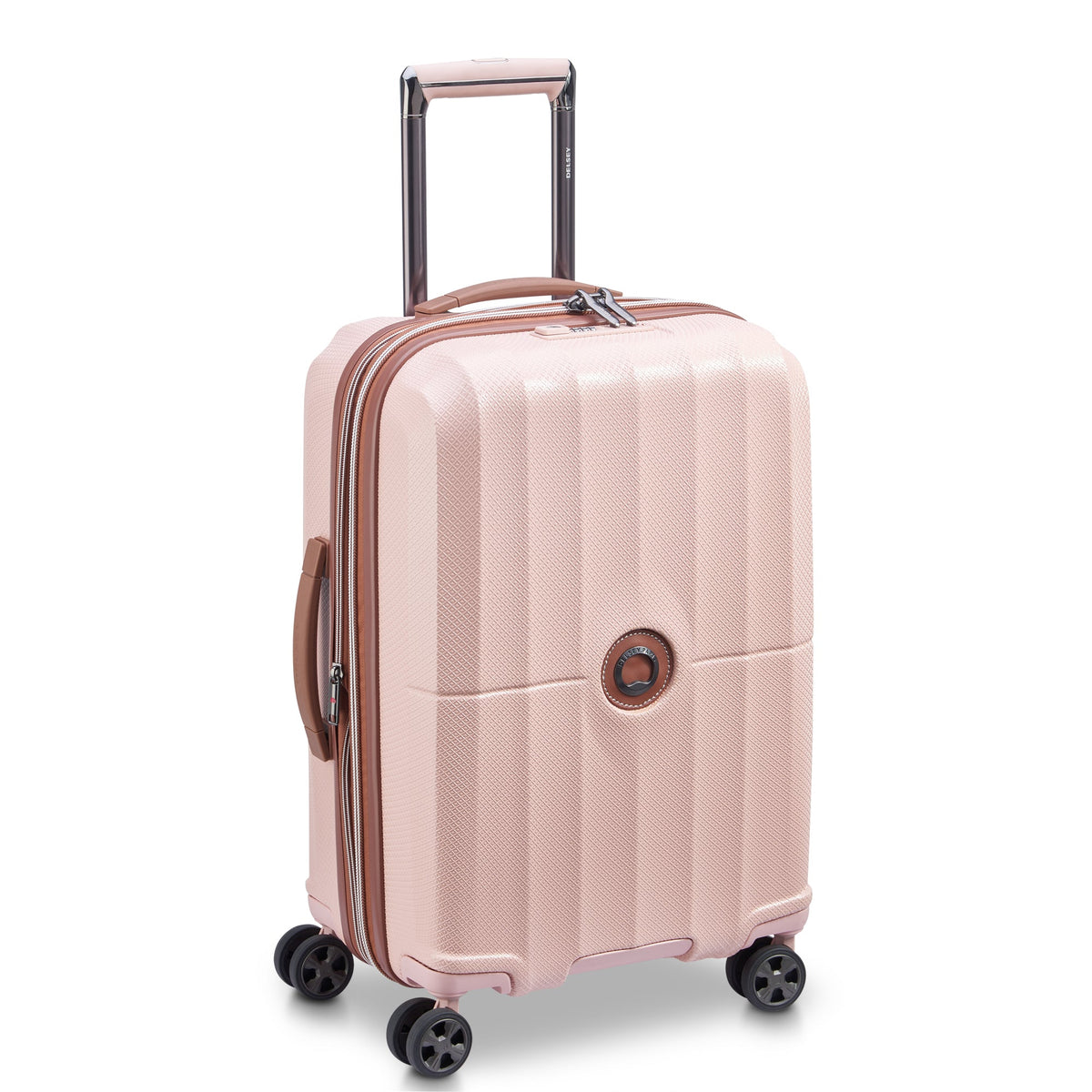 Delsey ST Tropez Medium Expandable Spinner in Pink — angle view