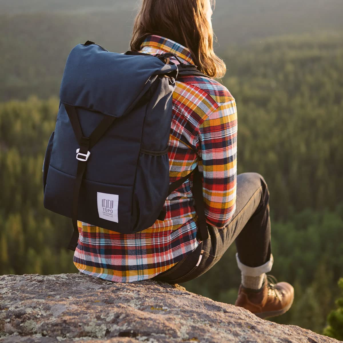 Topo Designs Y-Pack Backpack in Navy — lifestyle